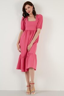 Комфортное длинное платье с квадратным вырезом и воланами 42190350 Lela, розовый