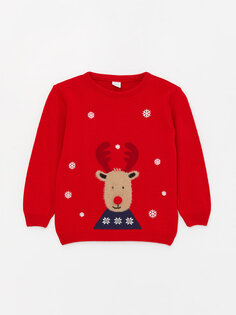 Трикотажный свитер для маленьких мальчиков с круглым вырезом и длинными рукавами в новогодней тематике LCW baby, яркий красный