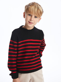 Трикотажный свитер для мальчика в полоску с круглым вырезом и длинными рукавами LCW Kids, красный полосатый