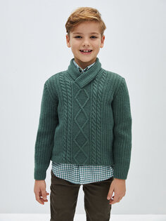 Трикотажный свитер для мальчика с шалевым воротником и узором LCW Kids, средне-зеленый