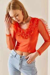 Оранжевая детальная блузка-пачка с V-образным вырезом 3YXK2-47243-11 XHAN