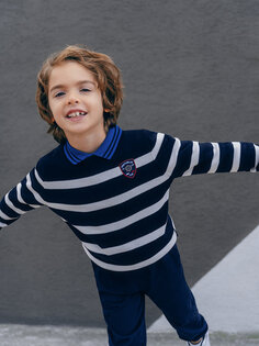 Трикотажный свитер для мальчика в полоску с круглым вырезом и длинными рукавами SOUTHBLUE, темно-синий в полоску