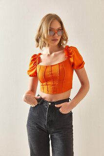 Оранжевая блузка с квадратным воротником и рукавами арбуза 3YXK2-47083-11 XHAN