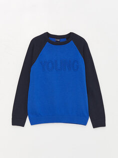 Трикотажный свитер для мальчика с круглым вырезом и узором LCW Kids, средний синий