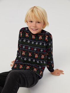 Трикотажный свитер для мальчика с длинными рукавами и круглым вырезом на новогоднюю тематику LCW Kids, темно-синий