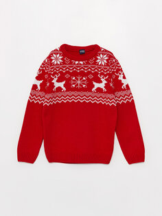 Трикотажный свитер для мальчика с длинными рукавами и круглым вырезом на новогоднюю тематику LCW Kids, яркий красный