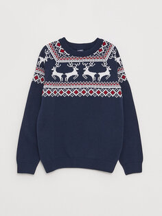Трикотажный свитер для мальчика с длинными рукавами и круглым вырезом на новогоднюю тематику LCW Kids, к.темно-синий