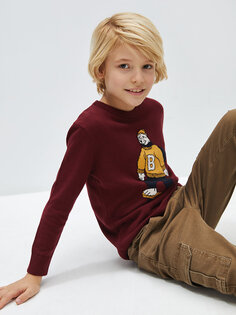 Трикотажный свитер для мальчиков с круглым вырезом и длинными рукавами LCW Kids, бургундия