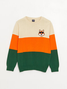 Трикотажный свитер для мальчиков с круглым вырезом и длинными рукавами с цветными блоками LCW Kids, оранжевый полосатый