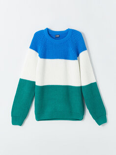 Трикотажный свитер для мальчиков с круглым вырезом и длинными рукавами с цветными блоками LCW Kids, синие полосы