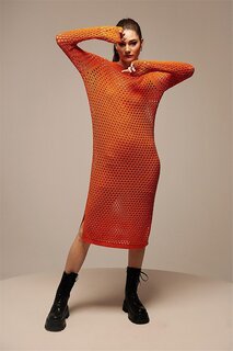 Оранжевое ажурное платье длины миди SWD4679TU Sherin