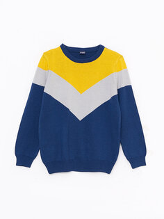 Трикотажный свитер для мальчиков с круглым вырезом и длинными рукавами с цветными блоками LCW Kids, темно-синий в полоску