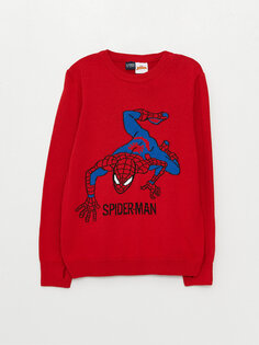 Трикотажный свитер для мальчиков с круглым вырезом и рисунком Человека-паука с длинными рукавами LCW Kids, яркий красный