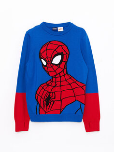 Трикотажный свитер для мальчиков с круглым вырезом и рисунком Человека-паука с длинными рукавами LCW Kids, средний синий