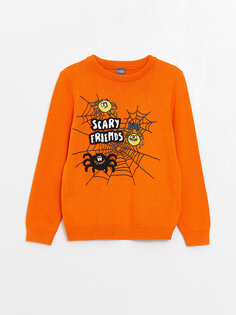 Трикотажный свитер для мальчиков с круглым вырезом и длинными рукавами LCW Kids, средний оранжевый