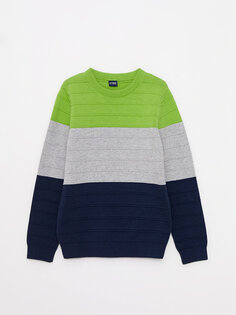 Трикотажный свитер для мальчиков с круглым вырезом и длинными рукавами с цветными блоками LCW Kids, зеленый полосатый