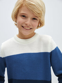Трикотажный свитер для мальчиков с круглым вырезом и длинными рукавами с цветными блоками LCW Kids, экрю