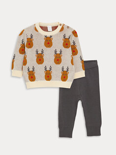 Трикотажный свитер и брюки для маленьких мальчиков с круглым вырезом и рисунком, набор из 2 шт. LCW baby, кремового цвета