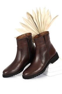 КОРИЧНЕВЫЕ женские повседневные ботинки на молнии из натуральной кожи с круглым носком на резиновой подошве 47408 GÖNDERİ(R)