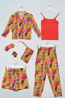 Оранжевый пижамный комплект из 7 предметов в рубчик с тропическим узором For You Kids