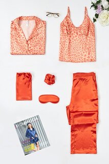 Оранжевый пижамный комплект из 6 предметов с леопардовым принтом FOR YOU MODA