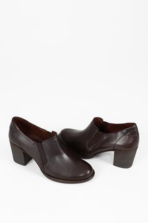КОРИЧНЕВЫЕ женские туфли из натуральной кожи с круглым носком, на толстом среднем каблуке, на эластичной подошве, 24038 GÖNDERİ(R)