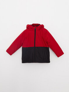Пальто для маленьких мальчиков с капюшоном и длинными рукавами в цветных блоках LCW ECO, красный