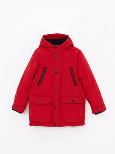 Пальто для мальчика с капюшоном и принтом LCW Kids, красный