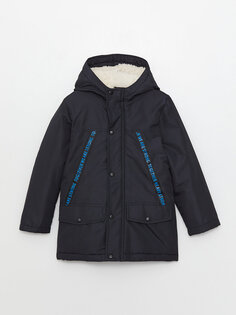Пальто для мальчика с капюшоном и принтом LCW ECO, темно-синий