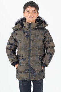 Пальто для мальчика с капюшоном и камуфляжным рисунком 14538 Bilen Kids, хаки
