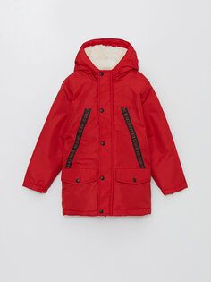 Пальто для мальчика с капюшоном и принтом LCW ECO, красный