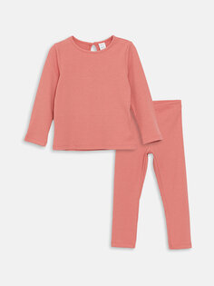 Базовый пижамный комплект для маленьких девочек с круглым вырезом и длинными рукавами LCW ECO, матовый розовый