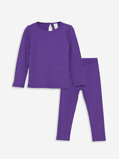 Базовый пижамный комплект для маленьких девочек с круглым вырезом и длинными рукавами LCW ECO, фиолетовый