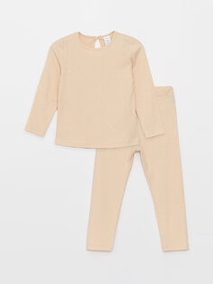 Базовый пижамный комплект для маленьких девочек с круглым вырезом и длинными рукавами LCW ECO, цвет кожи