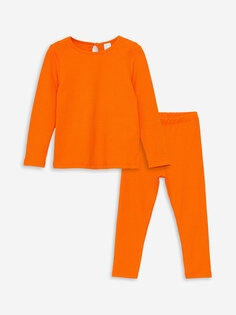 Базовый пижамный комплект для маленьких девочек с круглым вырезом и длинными рукавами LCW ECO, яркий оранжевый