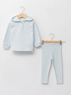 Базовый комплект из 2 предметов: свитшот и колготки для маленьких девочек с капюшоном и длинными рукавами LCW baby, светло-синий
