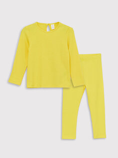 Базовый пижамный комплект для маленьких девочек с круглым вырезом и длинными рукавами LCW ECO, яркий желтый