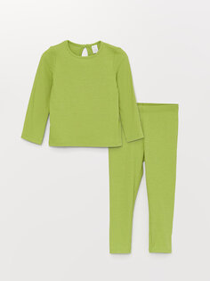 Базовый пижамный комплект для маленьких девочек с круглым вырезом и длинными рукавами LCW ECO, фисташковый зеленый