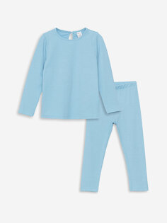 Базовый пижамный комплект для маленьких девочек с круглым вырезом и длинными рукавами LCW ECO, светло-синий