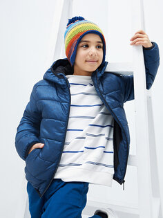 Базовый пуховик для мальчика с капюшоном LCW Kids, темно-синий с принтом