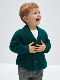 Базовый трикотажный кардиган для маленьких мальчиков с шалевым воротником LCW baby, средне-зеленый