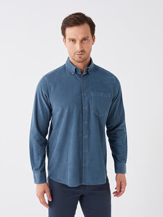 Бархатная мужская рубашка обычного кроя с длинным рукавом LCWAIKIKI Classic, синий кобальт