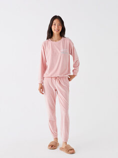 Бархатный женский пижамный комплект с круглым вырезом и длинными рукавами с вышивкой LCW DREAM, розовый
