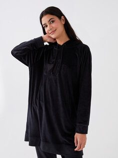 Бархатный женский пижамный топ с длинными рукавами и капюшоном с вышивкой LCW DREAM, новый черный