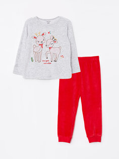 Бархатный пижамный комплект с круглым вырезом и длинными рукавами в новогоднем стиле для маленьких девочек LCW baby