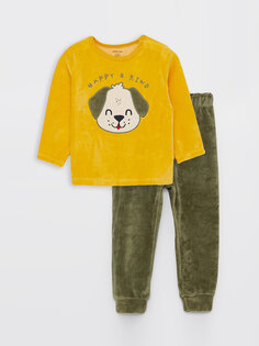 Бархатный пижамный комплект для маленьких мальчиков с круглым вырезом и длинными рукавами с вышивкой LCW baby, средний желтый
