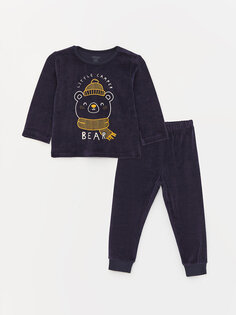 Бархатный пижамный комплект для маленьких мальчиков с круглым вырезом и длинными рукавами с принтом LCW baby, темно-синий