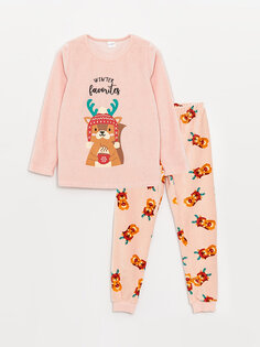Бархатный пижамный комплект с длинными рукавами и круглым вырезом для девочек в новогоднем стиле LCW Kids, розовый