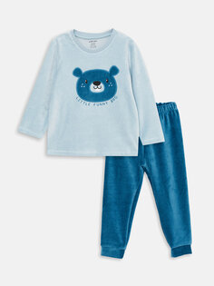 Бархатный пижамный комплект для маленьких мальчиков с круглым вырезом и длинными рукавами с вышивкой LCW baby, светло-синий