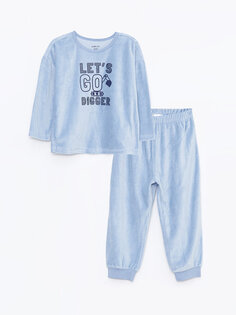 Бархатный пижамный комплект для маленьких мальчиков с круглым вырезом и длинными рукавами с принтом LCW baby, синий